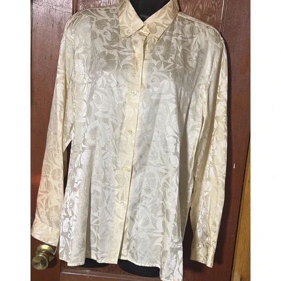 Worthington Women's Vintage Silk Cream Blouse Long Sleeve Button Up Collared 12 - Picture 3 of 10